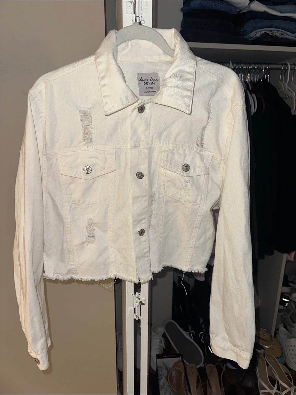 Love Tree White Distressed Cropped Denim Jacket